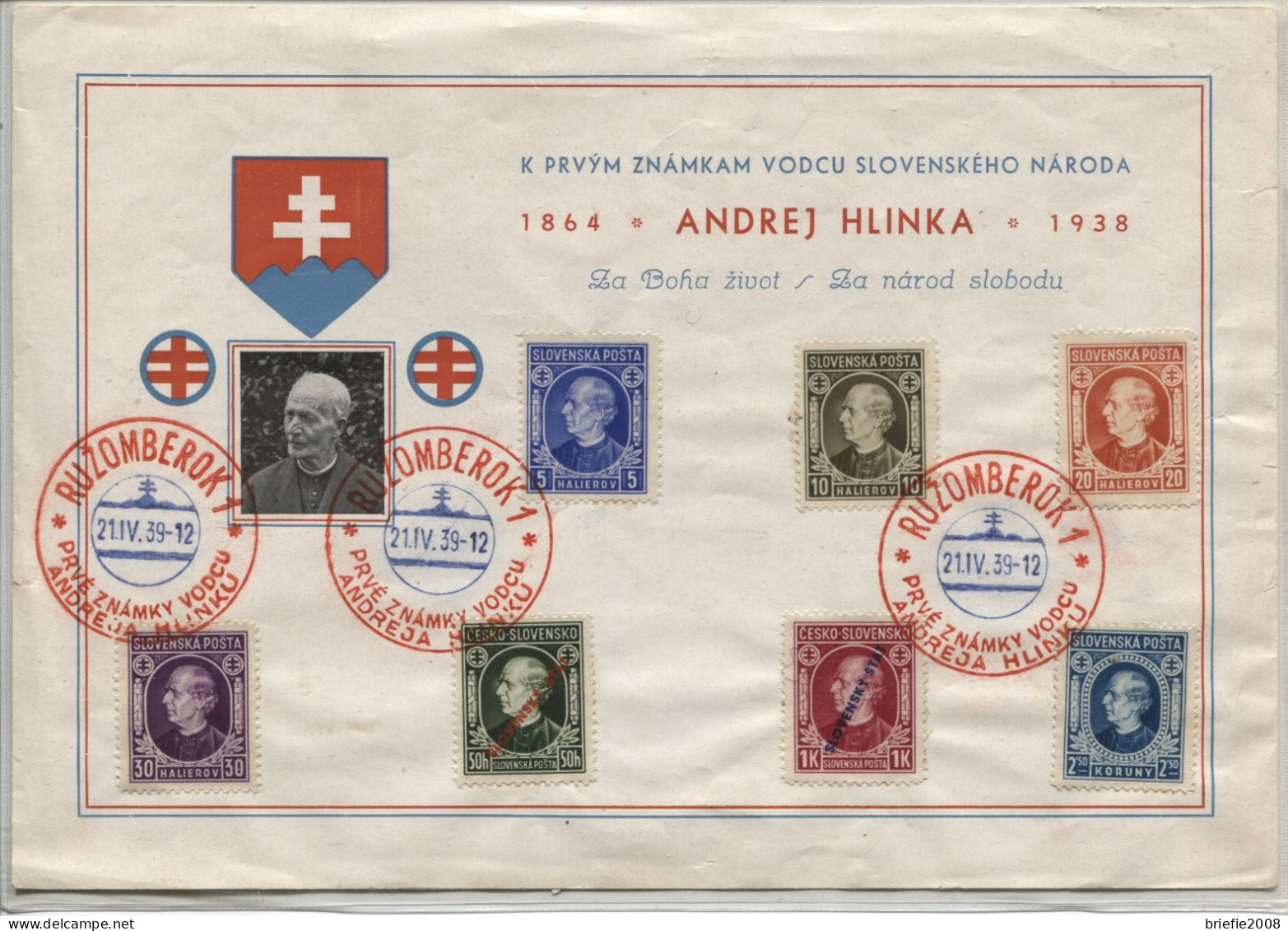 Slowakei Weißes Gedenkblatt Ruzomberok Sonderstempel 21.4.39 Hlinka-Marken - Storia Postale