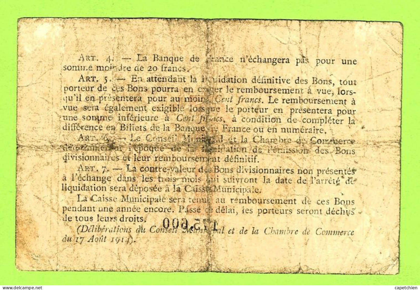 FRANCE / VILLE & CHAMBRE De COMMERCE De ROUEN / 1 FRANC / 1915 / N° 175600 - Chambre De Commerce