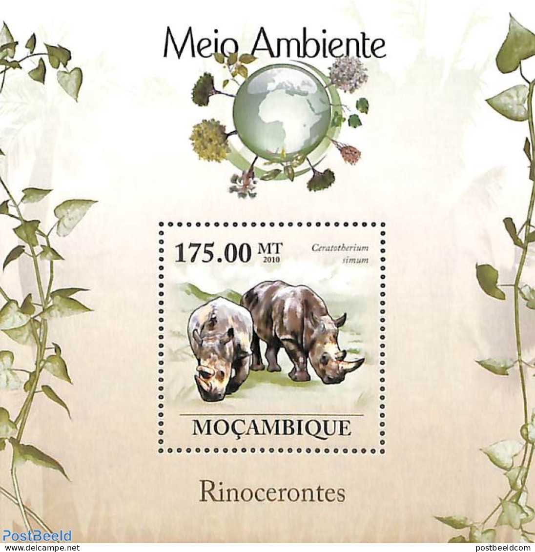 Mozambique 2010 Rhino's S/s, Mint NH, Nature - Animals (others & Mixed) - Rhinoceros - Mozambique