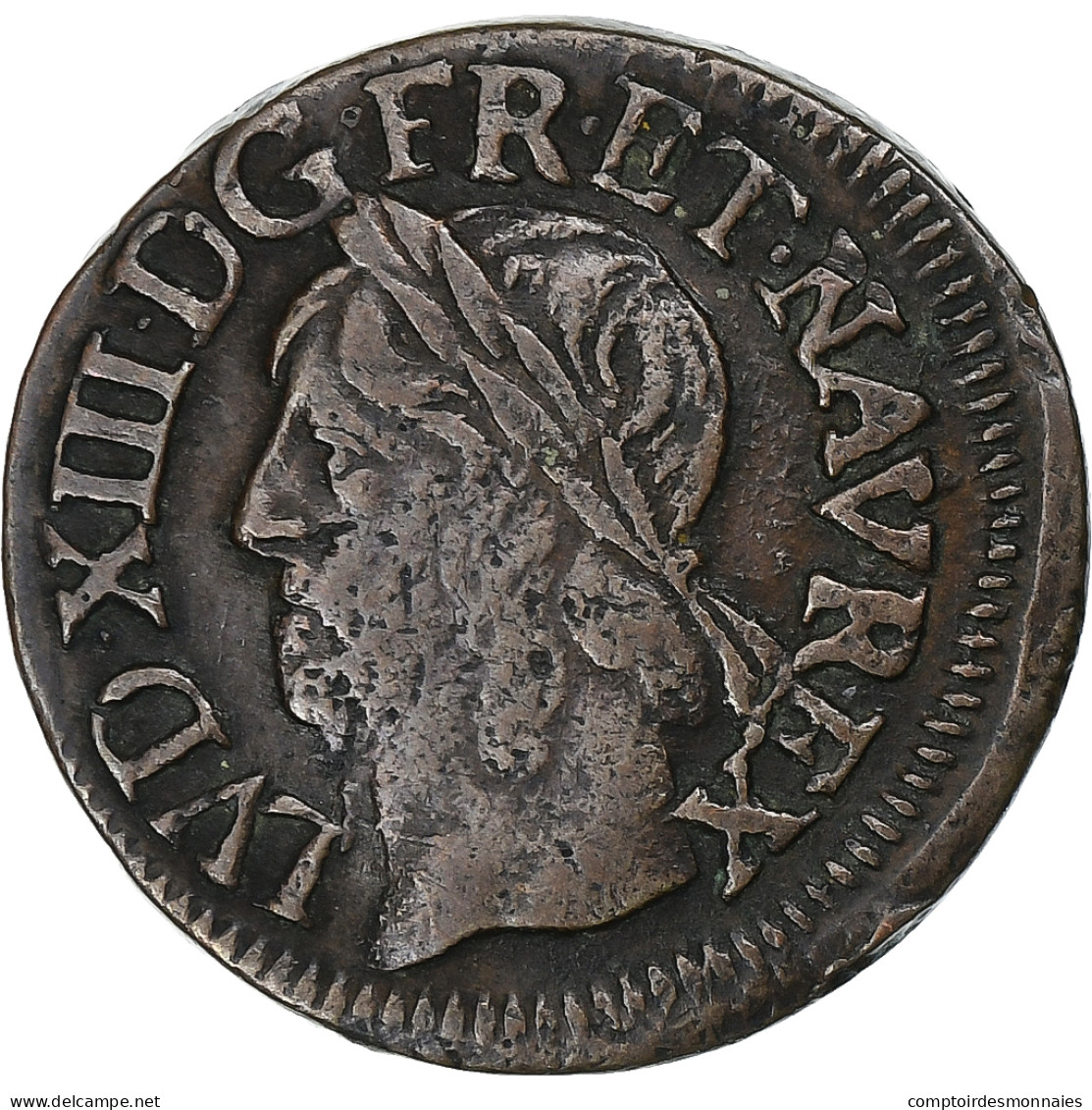 France, Louis XIII, Double Tournois, 1642, La Rochelle, Cuivre, TB+, Gadoury:12 - 1610-1643 Luigi XIII Il Giusto