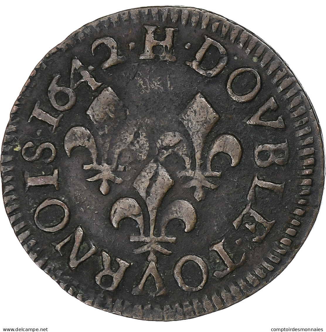 France, Louis XIII, Double Tournois, 1642, La Rochelle, Cuivre, TB+, Gadoury:12 - 1610-1643 Ludwig XIII. Der Gerechte