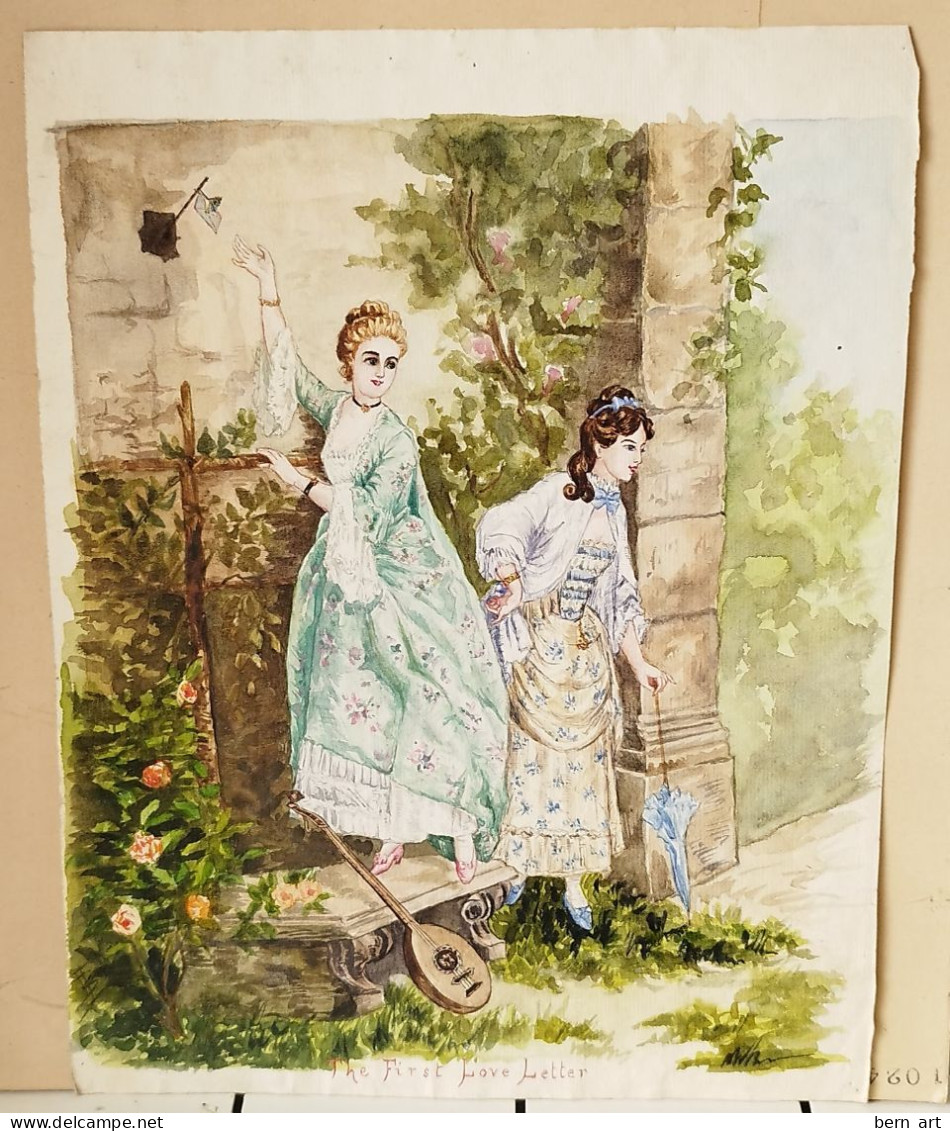 Aquarelle.- "The First Love Letter. La Première Lettre D'Amour" Signée Au Bas Gauche B.F. Attribué Atelier Flournoy 1900 - Aquarelles