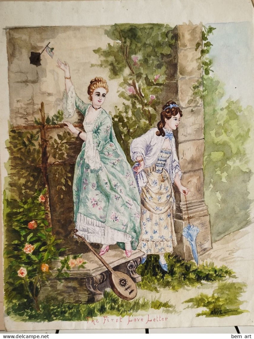 Aquarelle.- "The First Love Letter. La Première Lettre D'Amour" Signée Au Bas Gauche B.F. Attribué Atelier Flournoy 1900 - Acuarelas