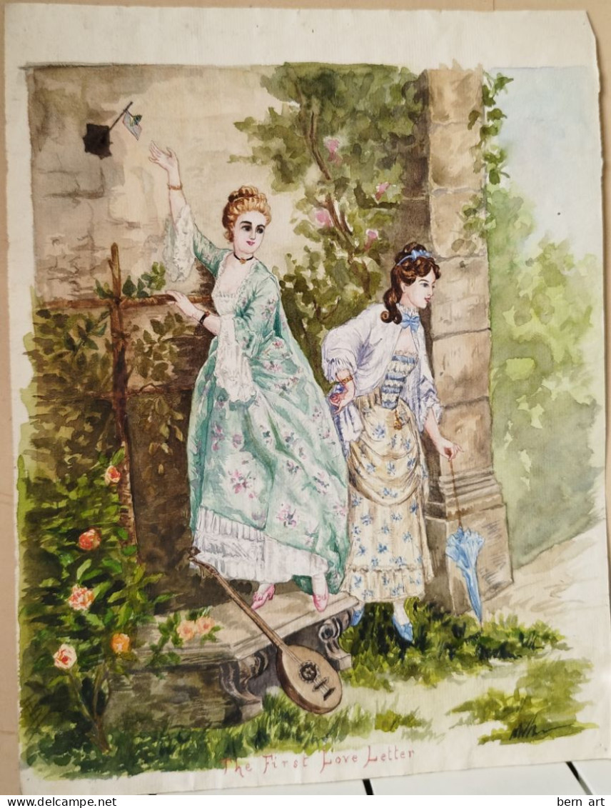 Aquarelle.- "The First Love Letter. La Première Lettre D'Amour" Signée Au Bas Gauche B.F. Attribué Atelier Flournoy 1900 - Aquarel