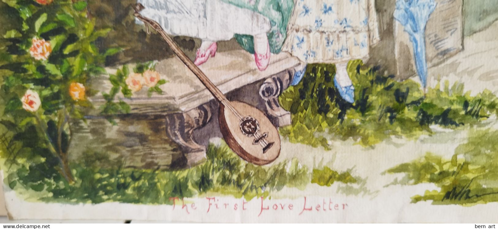 Aquarelle.- "The First Love Letter. La Première Lettre D'Amour" Signée Au Bas Gauche B.F. Attribué Atelier Flournoy 1900 - Aquarelles