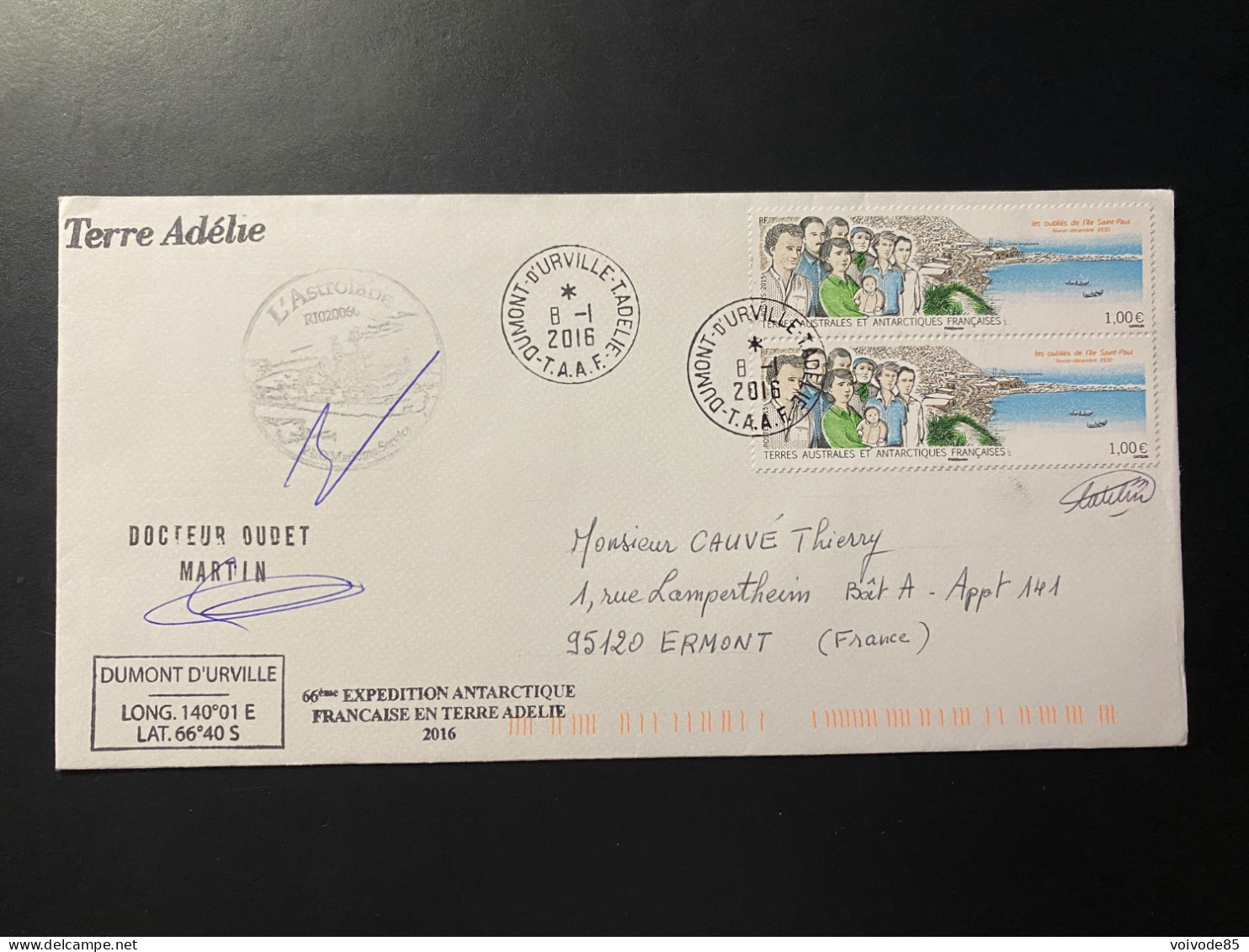 Lettre "Les Oubliés De L'Ile De Saint Paul" 08/01/2016 - 750 -TAAF - Terre Adélie - Astrolabe - Covers & Documents