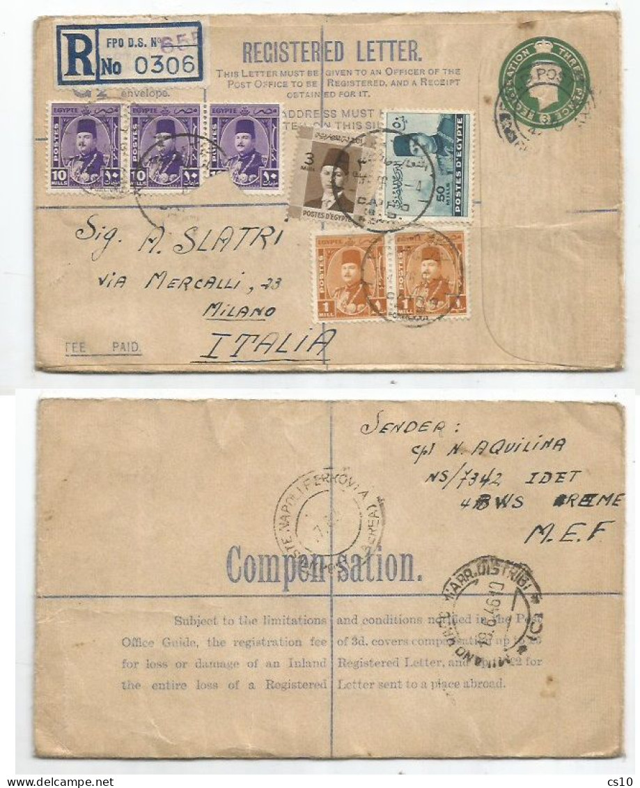 UK MEF Middle East Forces 13jun1946 Reg. PSE 3d From FPO 655 Cairo + Egypt 7stamps X 85mills 13jun To Italy 17/19jun - Storia Postale