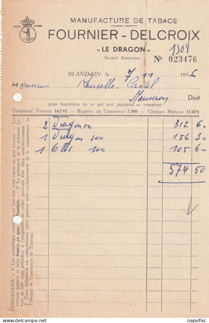 104-Fournier-Delcroix ...Manufacture De Tabacs... " Le Dragon "....Blandain...Belgique-Belgie..1956 - Autres & Non Classés