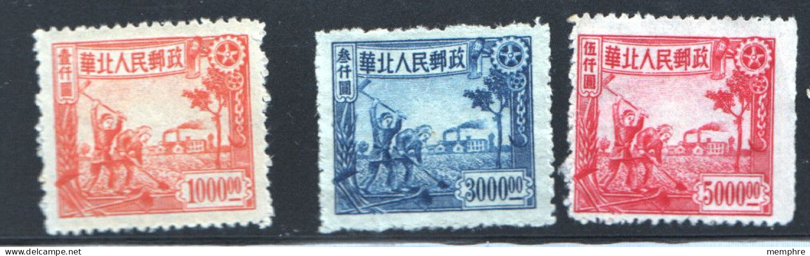 1949 North China Peasants And Actory Complete Set Of 3 Sc 3L96-8 No Gum, As Issued - Nordchina 1949-50
