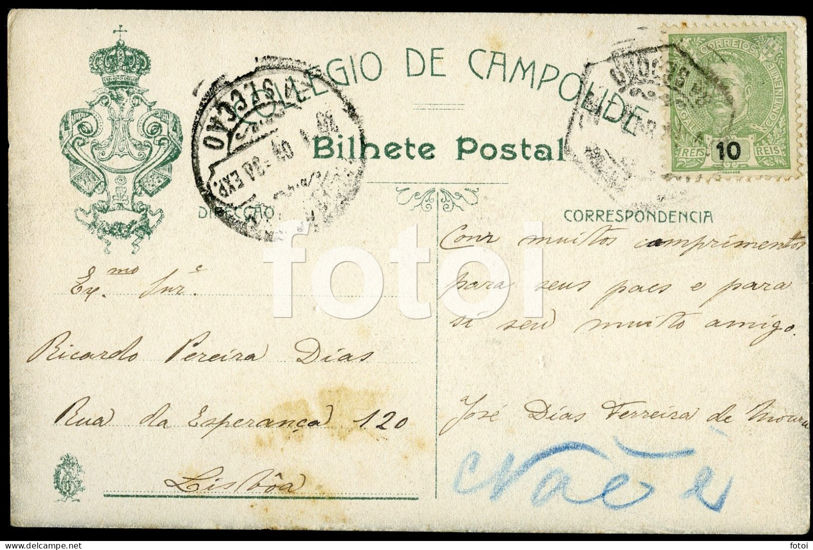 1903 POSTCARD DEPOSITO AGUA COLEGIO CAMPOLIDE LISBOA LISBON PORTUGAL POSTAL CARTE POSTALE Stamped Timbre - Lisboa