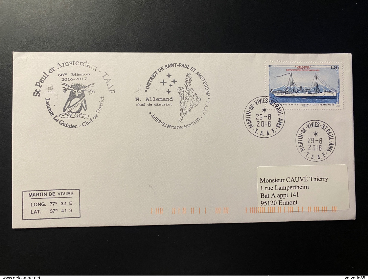 Lettre "Bateaux - Valdivia - Deutsche Expedition" 29/08/2016 - 765 - TAAF - Saint Paul - Covers & Documents