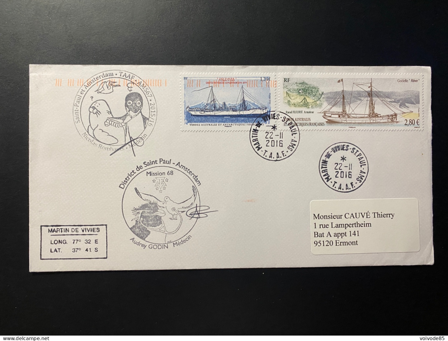 Lettre "Bateaux - Valdivia - Deutsche Expedition + Goelette Rêve - Raoul Fleurié" 22/11/2016 - 764/765- TAAF Saint Paul - Covers & Documents