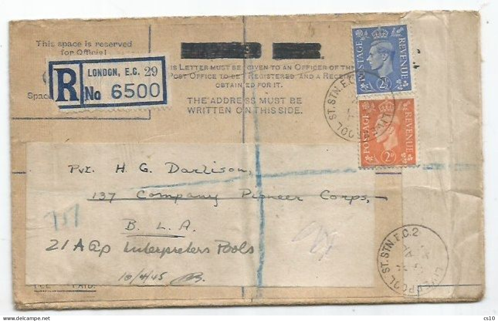 UK Britain Reg Letter London 13apr1946 With KG6 Regular D2+d2.5 - Recycling Reuse Of Paper - Cartas & Documentos