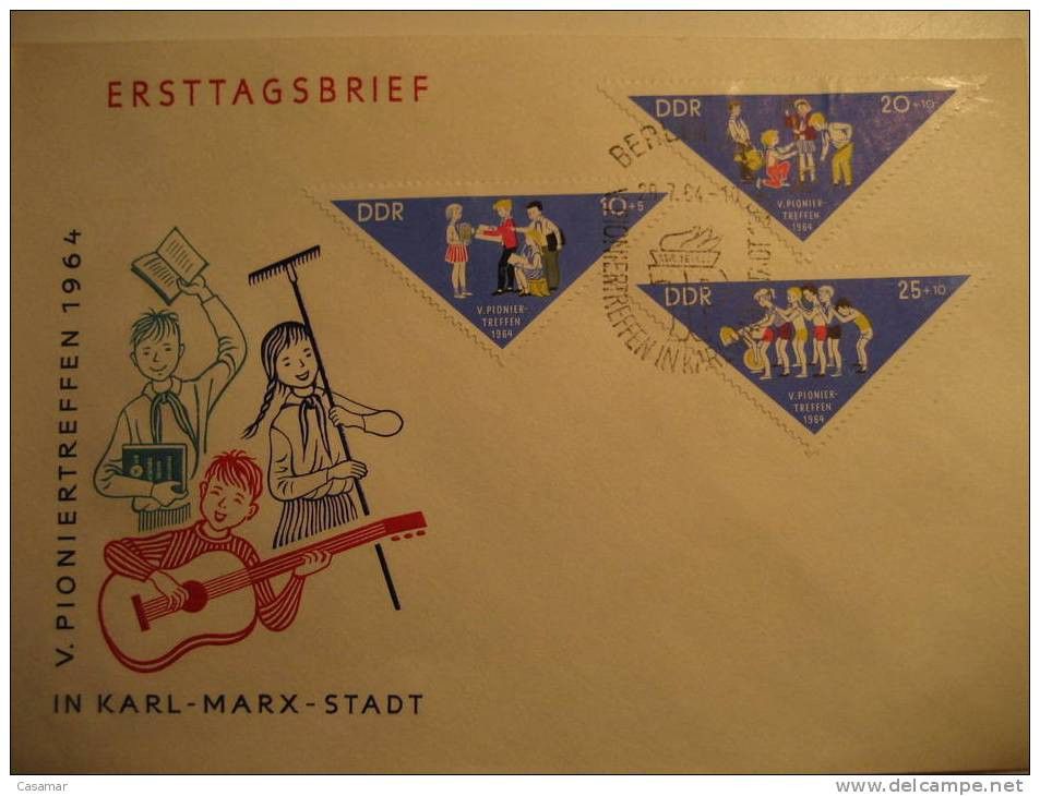 DDR GERMANY Boy Scouts Pionnier Scoutismo Scoutism Karl Marx Guitarra Guitar Music FDC Sobre Cover Lettre - Andere & Zonder Classificatie