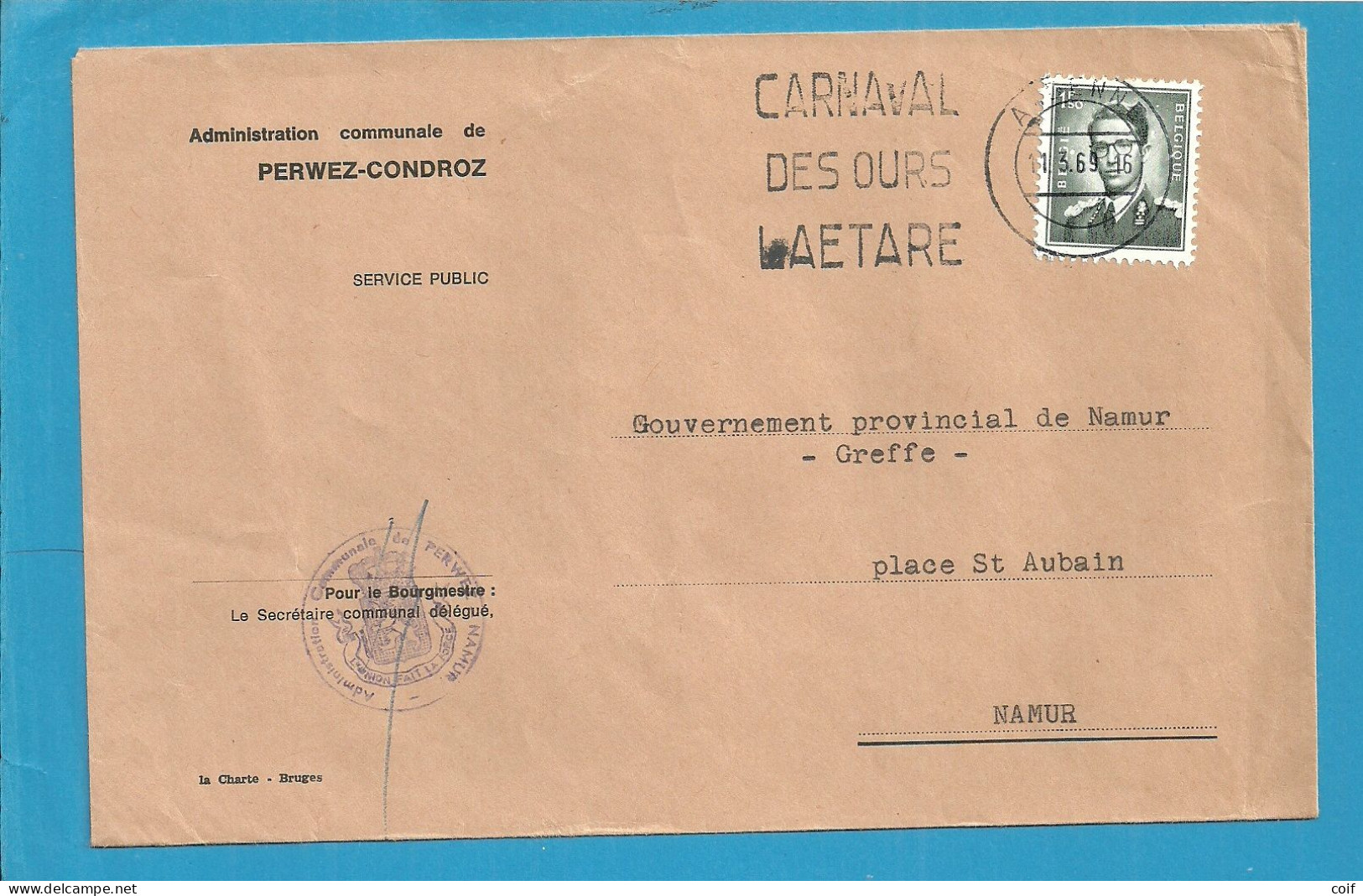924 Op Brief ADMINISTRATION COMMUNALE DE PERWEZ-CONDROZ  Met Stempel ANDENNE / CARNAVAL - 1953-1972 Lunettes