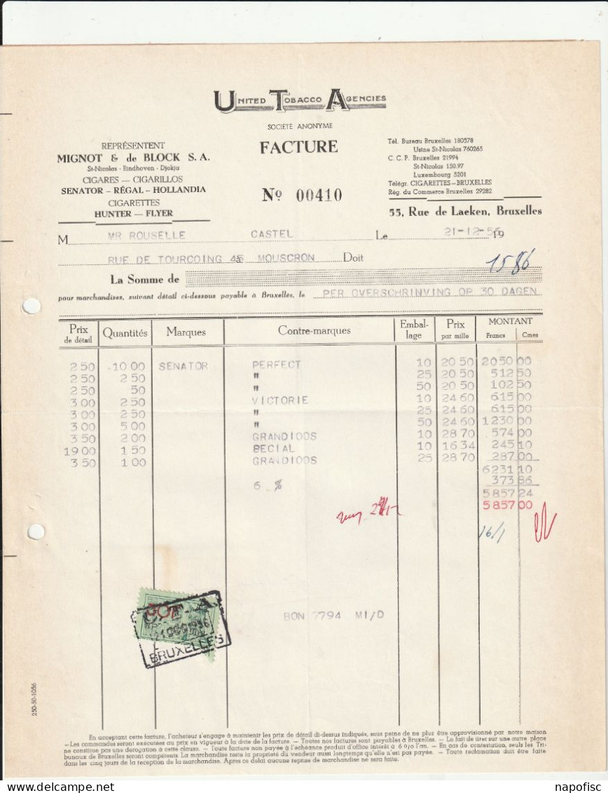 104-United Tobacco Agencies..Cigares, Cigarillos, Cigarettes. .Bruxelles-Brussel...Belgique-Belgie..1956 - Other & Unclassified