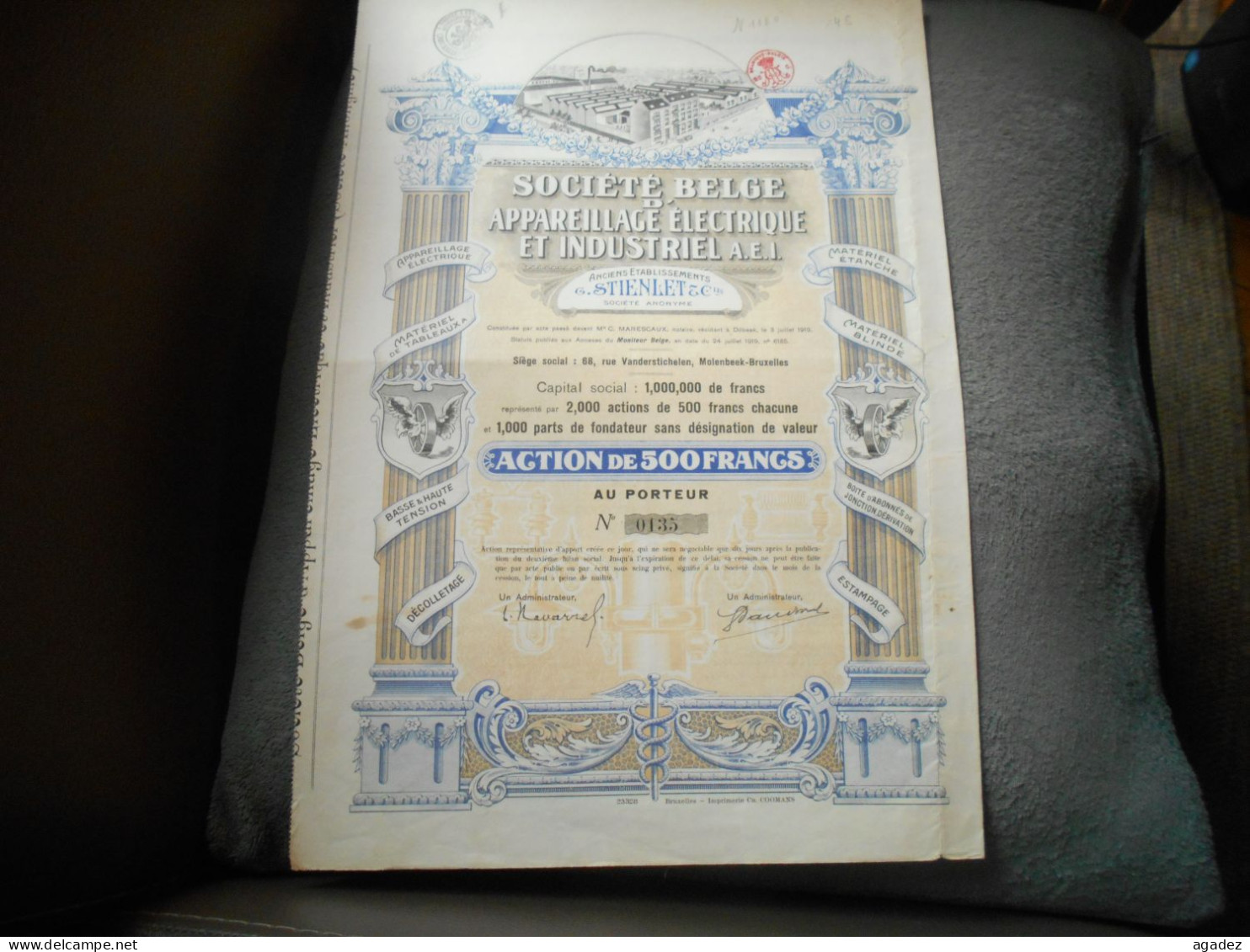 Action Société Belge D'appareillage électrique Et Industriel Molenbeek Bruxelles 1919 - Elektriciteit En Gas