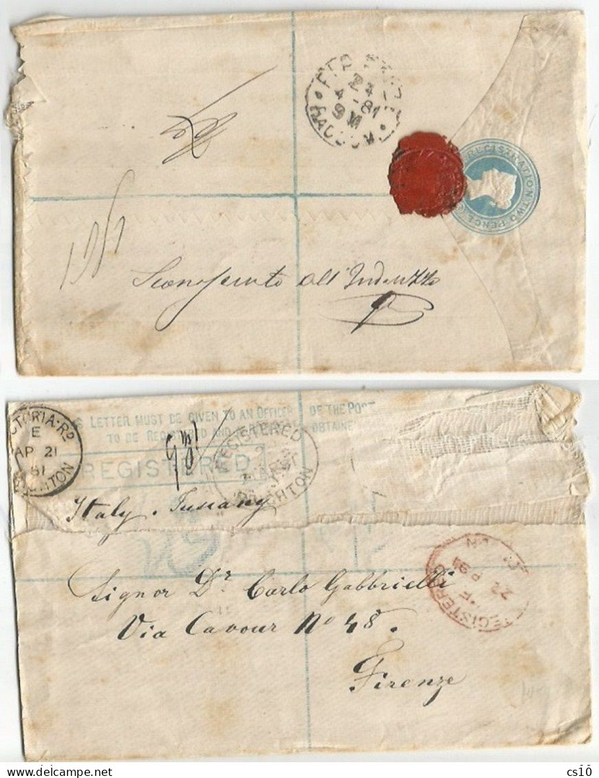 UK Britain UNDELIVERED Registered PSE CV Victoria D2 Brighton 21apr1881 Via London 22apr To Italy - Stampless - Stamped Stationery, Airletters & Aerogrammes