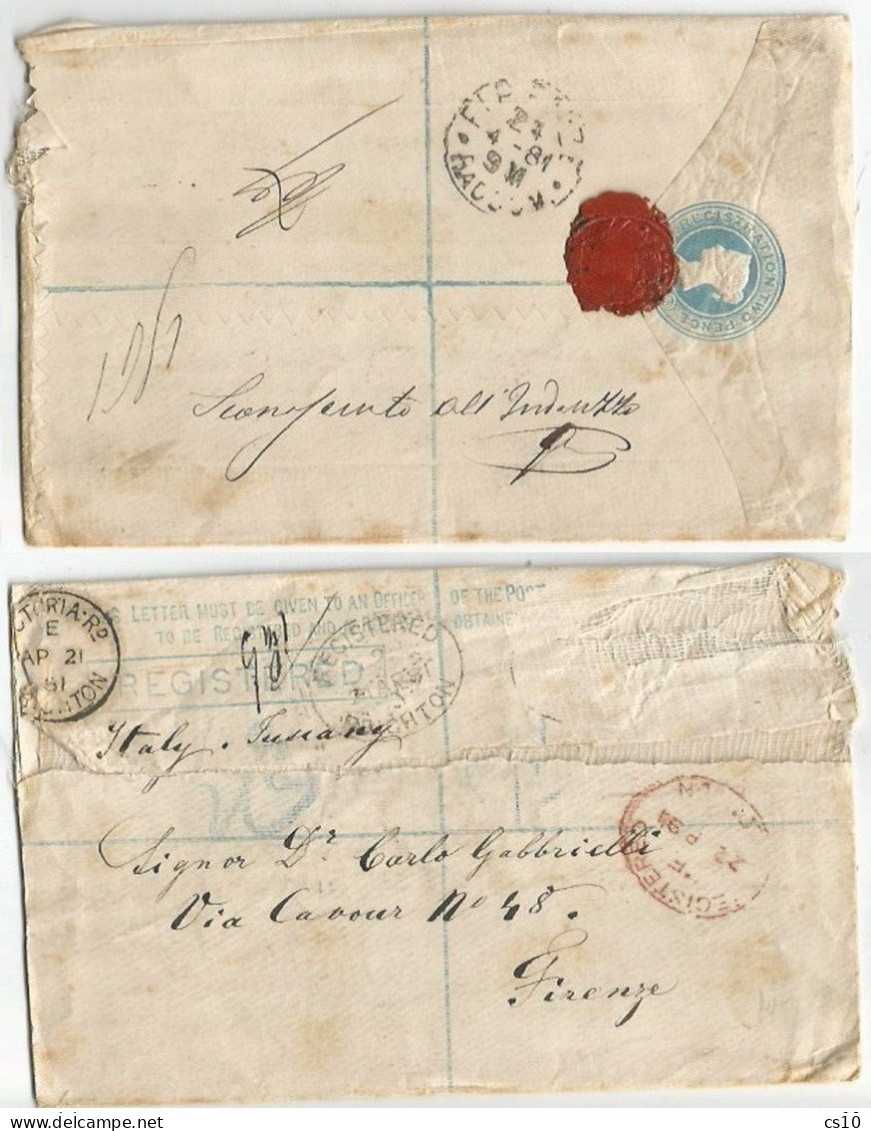 UK Britain UNDELIVERED Registered PSE CV Victoria D2 Brighton 21apr1881 Via London 22apr To Italy - Stampless - Storia Postale