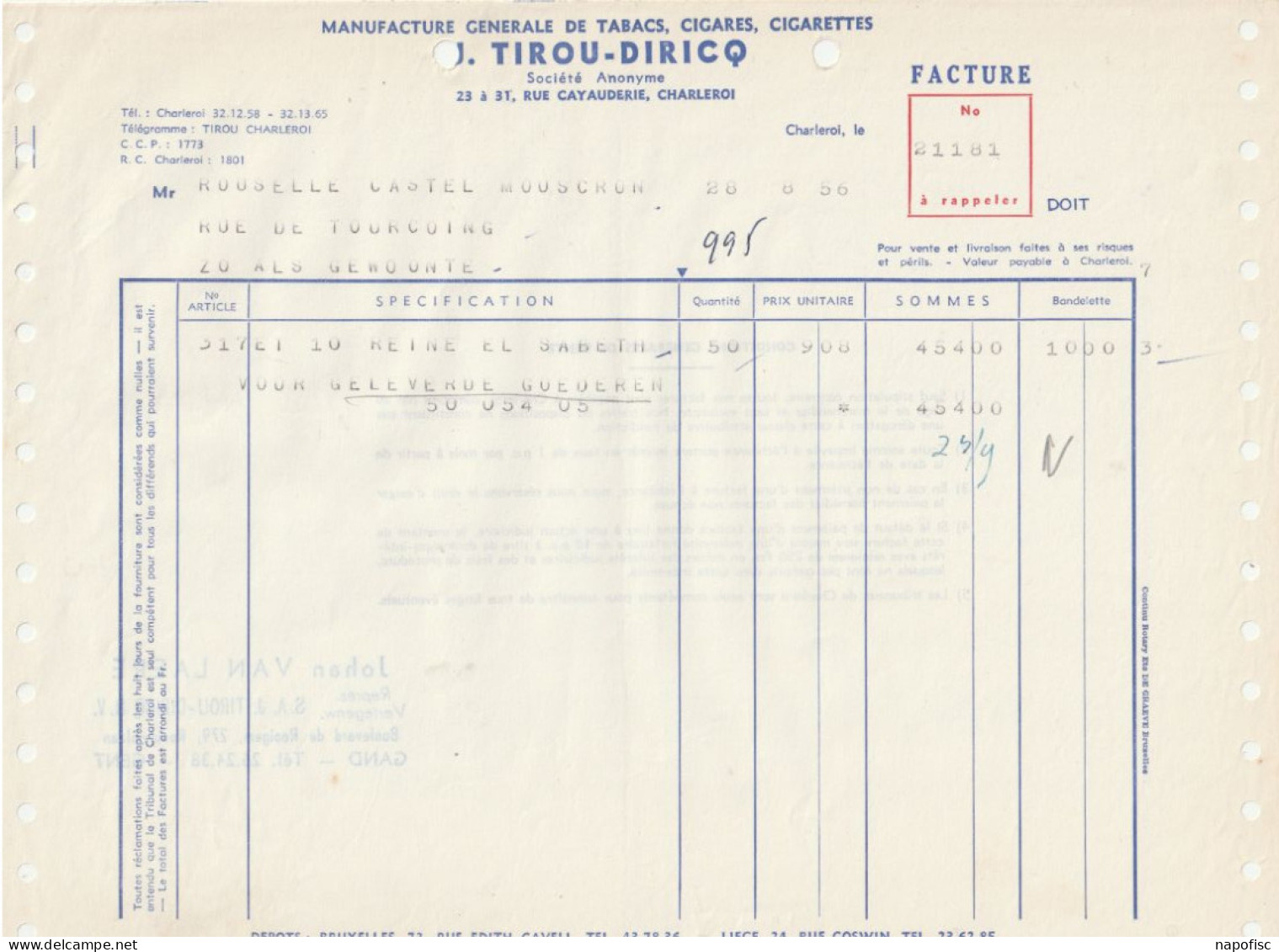 104-J.Tirou-Diricq...Manufacture De Tabacs, Cigares, Cigarettes...Charleroi..Belgique ..1956 - Other & Unclassified