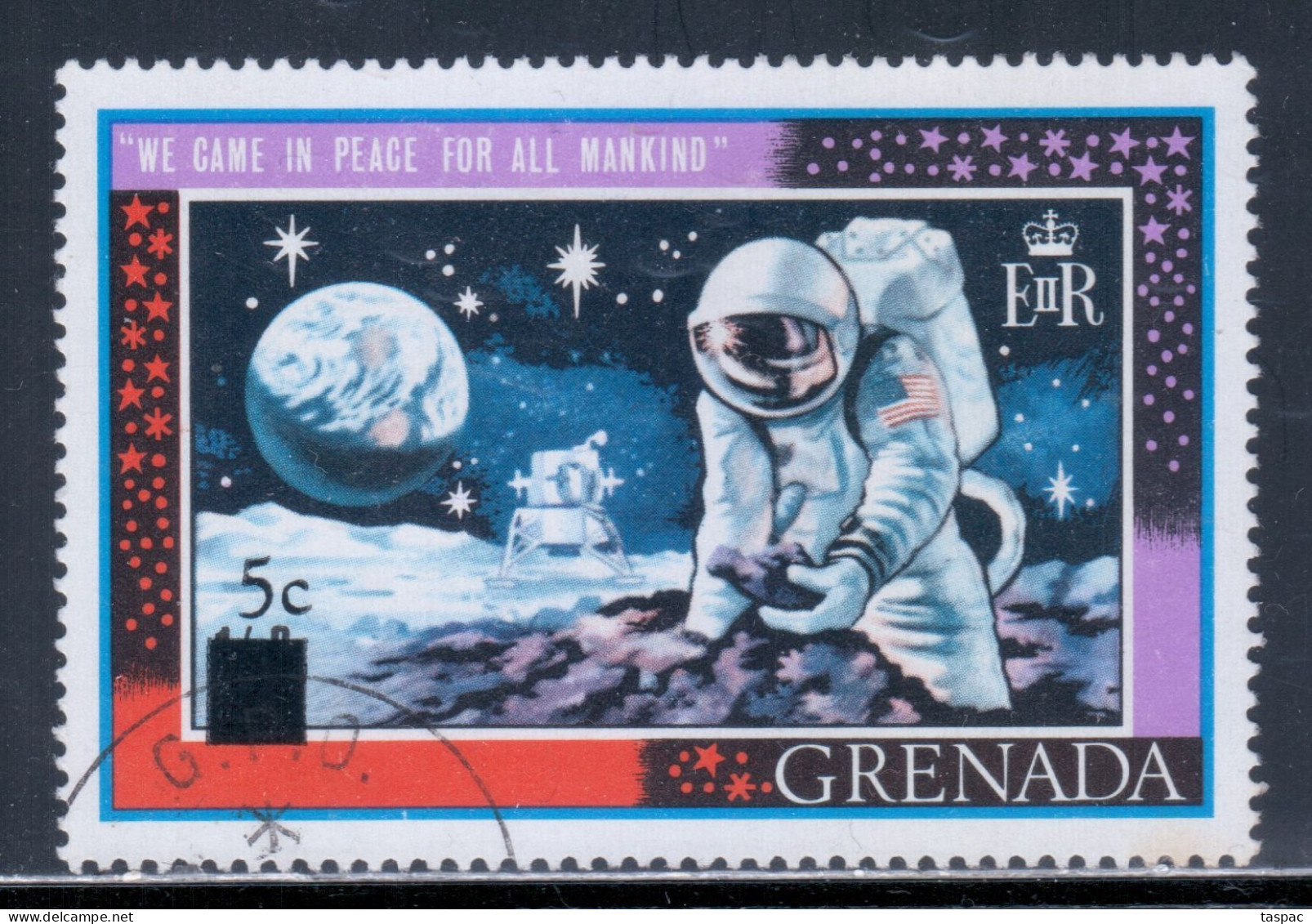 Grenada 1970 Mi# 348 I Used - Surcharged - Thin "5" - Apollo 11 / Space - North  America