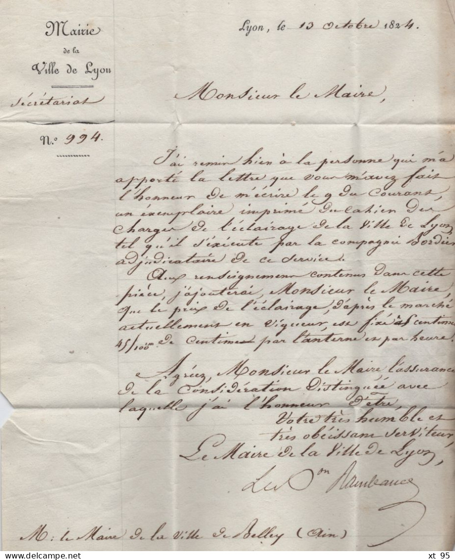 Mairie De Lyon - 68 - Rhone - 1826 - Courrier Signé Du Baron Rambaud - 1801-1848: Précurseurs XIX