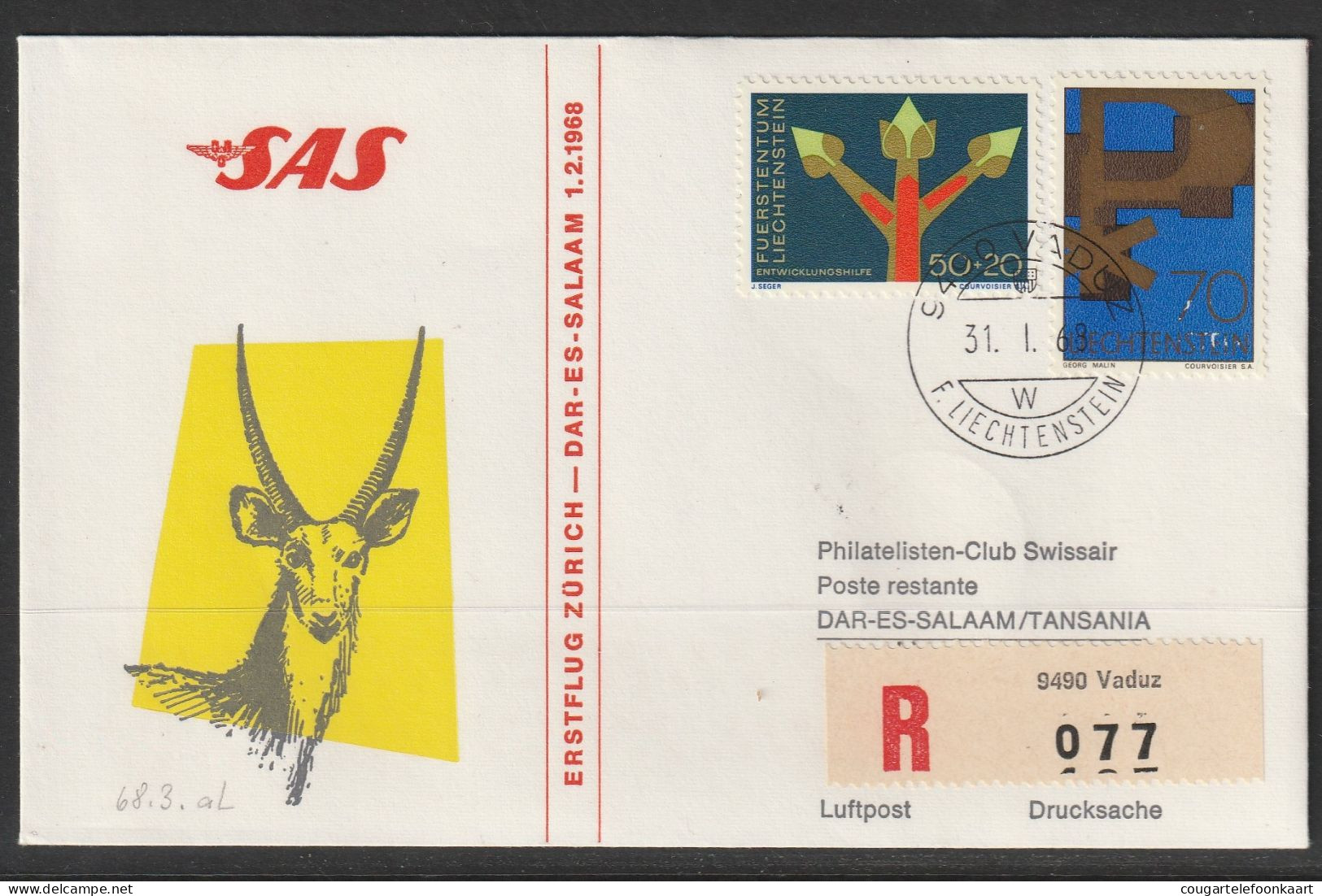 1968, SAS, Erstflug, Liechtenstein - Dar Es Salaam Tanzania - Posta Aerea