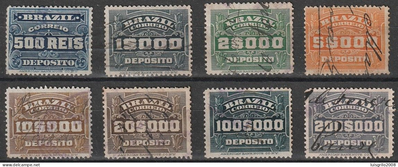 Revenue/ Fiscaux, Brazil 1920 - Depósito, Receita Fiscal -|- 500 Rs, 1$000, 2$000, 5$000, 10$000, 20$000, 100$000, 200$0 - Timbres-taxe