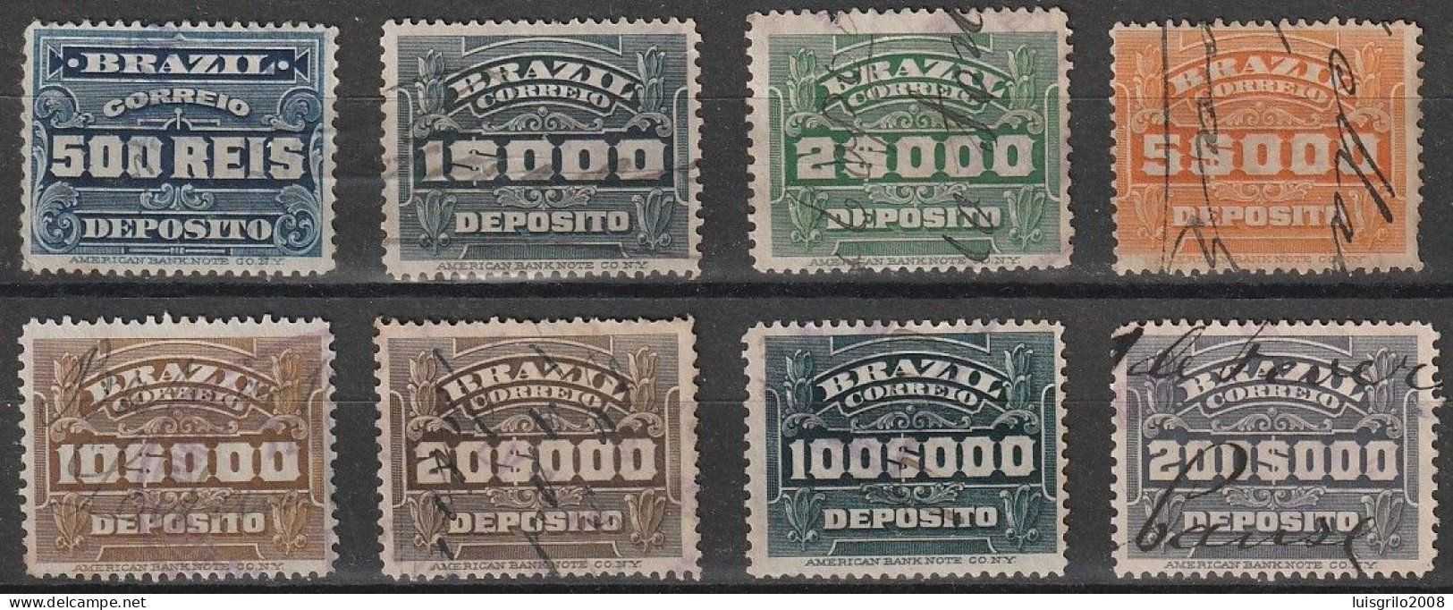 Revenue/ Fiscaux, Brazil 1920 - Depósito, Receita Fiscal -|- 500 Rs, 1$000, 2$000, 5$000, 10$000, 20$000, 100$000, 200$0 - Officials