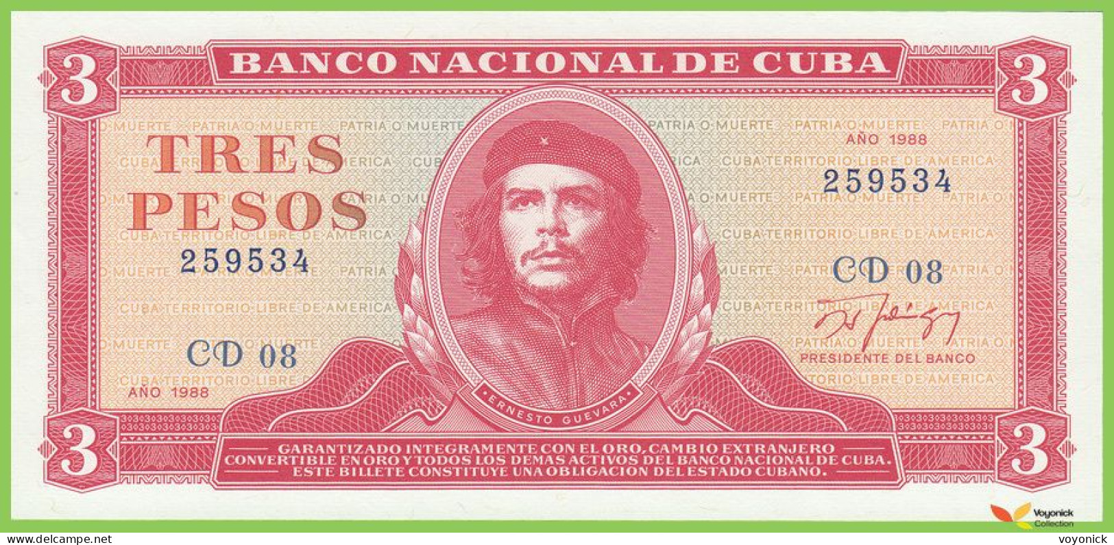 Voyo CUBA 3 Pesos 1988 P107a B824e CD08 UNC - Cuba