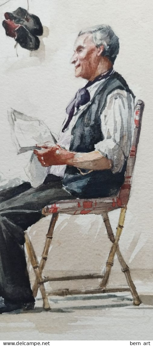 Aquarelle.- "L'Homme Aux Chaussures Suspendues" Pas Signée  Attribué Font Atelier B. Flournoy 1900 Genève - Watercolours