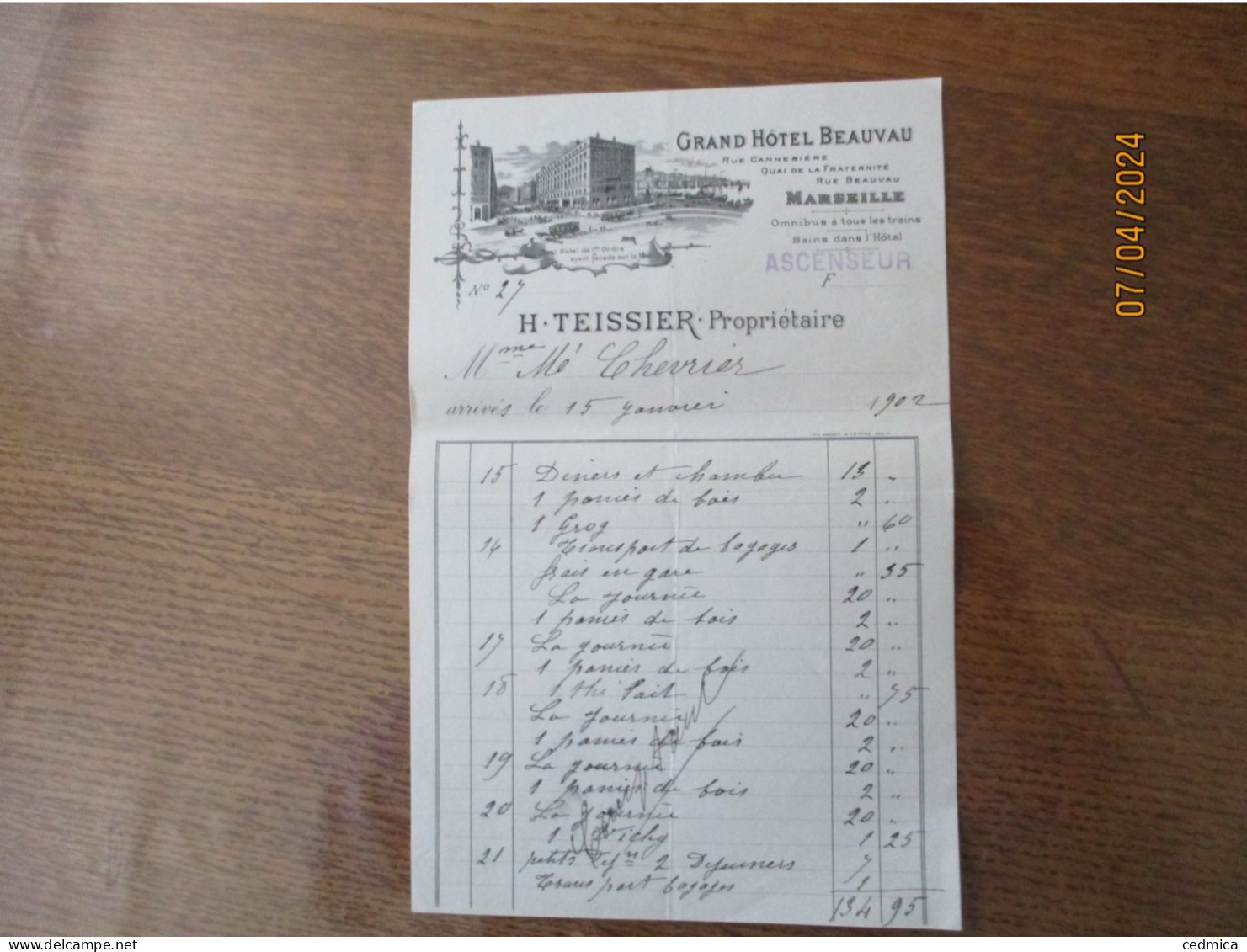 MARSEILLE GRAND HÔTEL BEAUVAU H.TEISSIER PROPRIETAIRE RUE CANEBIERE QUAI DE LA FRATERNITE FACTURE DU 15 JANVIER 1902 - 1900 – 1949