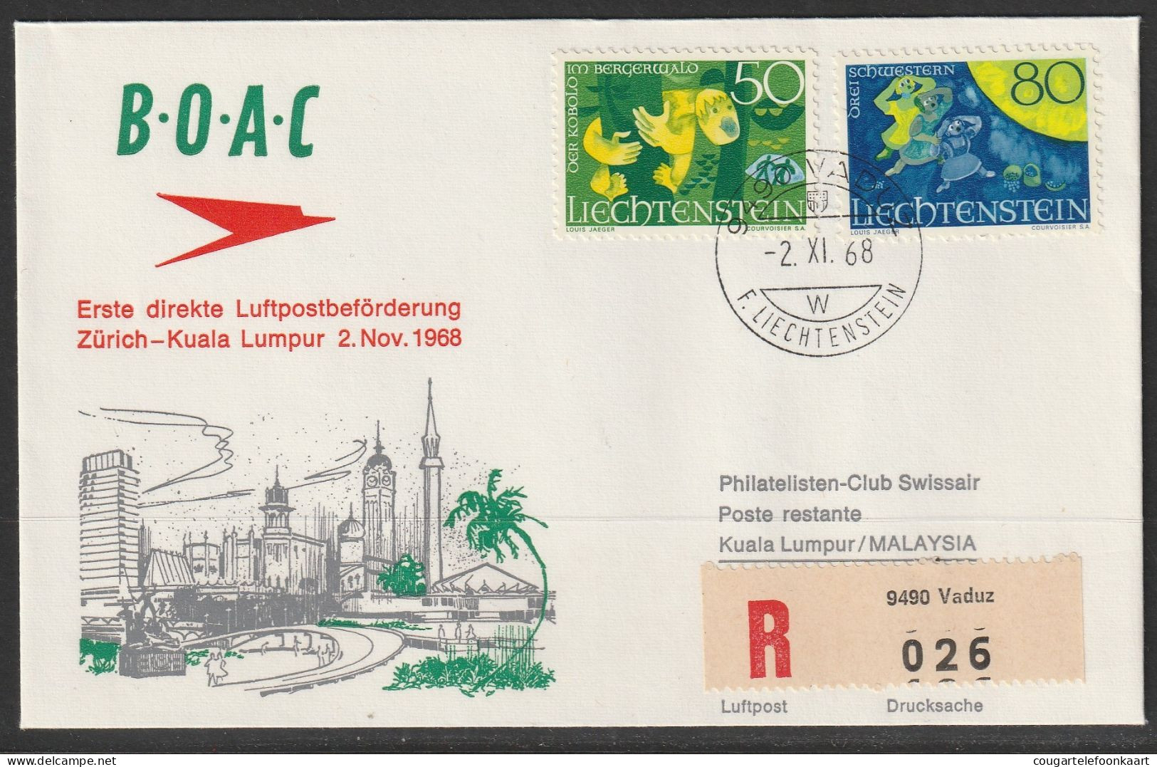1968, BOAC, Erstflug, Liechtenstein - Kuala Lumpur Malaysia - Luchtpostzegels
