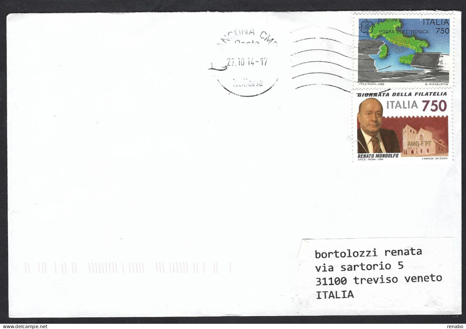 Italia 2014; Affrancata Con EUROPA 1988 + Giornata Filatelia Del 1995; Viaggiata Da Ancona A Treviso. - 2011-20: Poststempel
