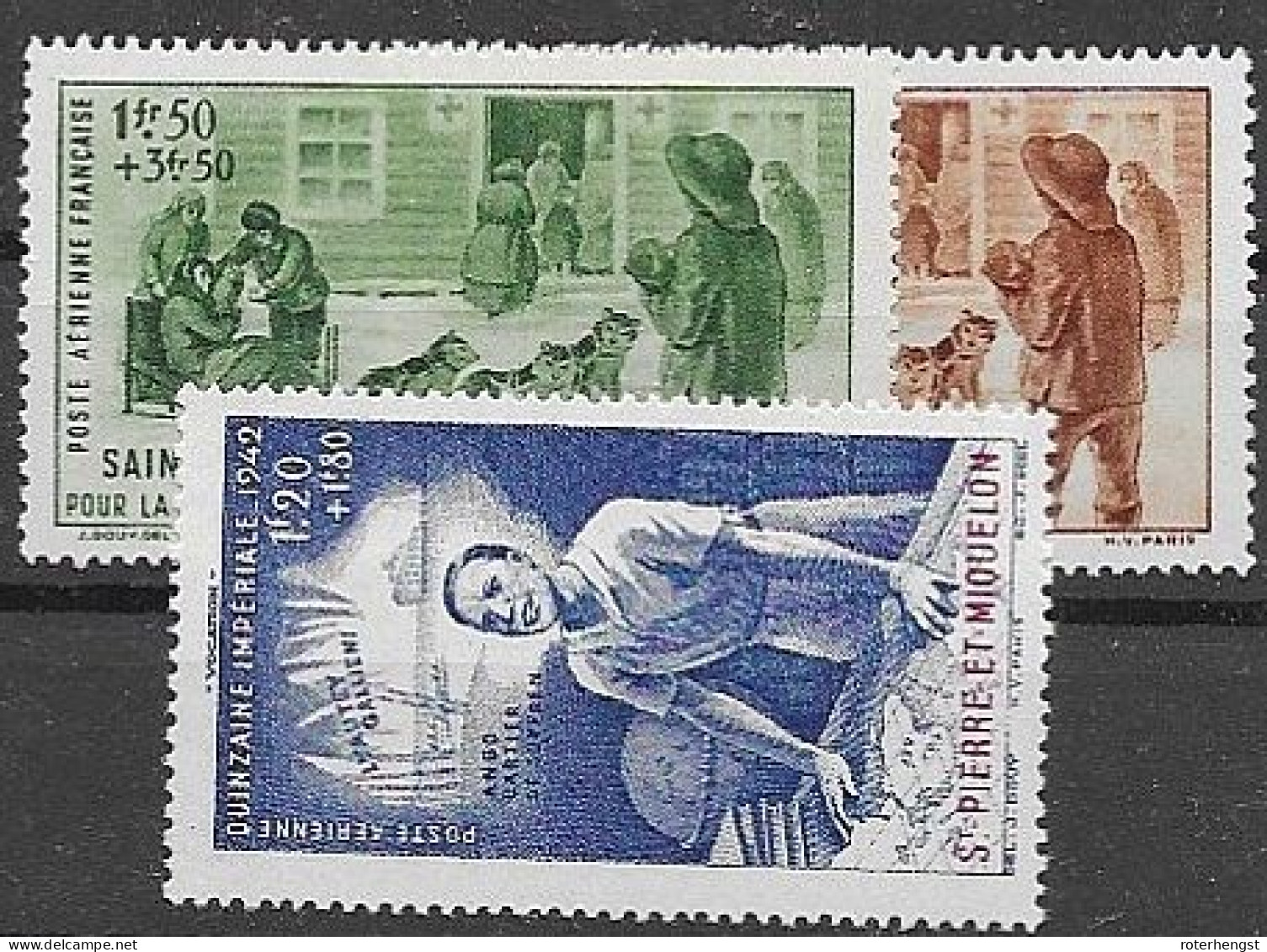 SPM Mh * Three Stamps 1942 16 Euros (but Blue Stamp Faulty: Horizontal Crease) - Ungebraucht