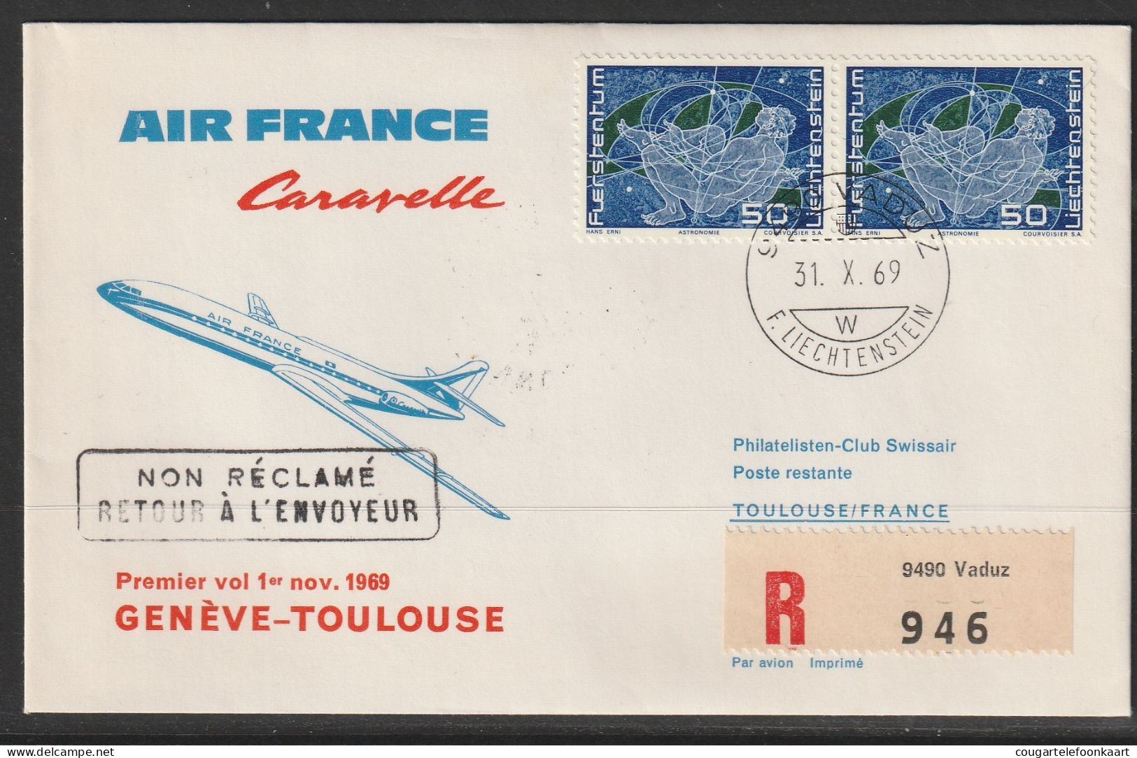 1969, Air France, Erstflug, Liechtenstein - Toulouse - Poste Aérienne