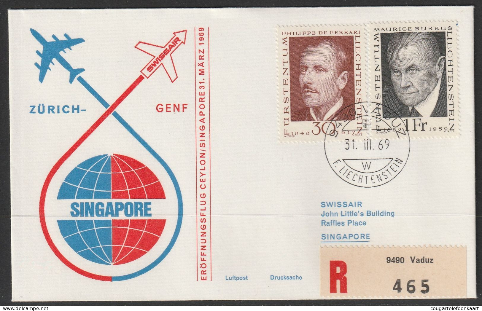 1969, Swissair, Erstflug, Liechtenstein - Singapore - Posta Aerea