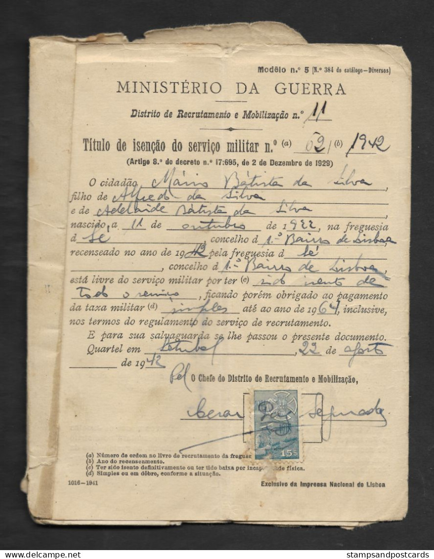 Portugal Timbre Fiscal Liga Dos Combatentes 15$ 1942 Revenue Stamp Militar Exemption - Cartas & Documentos