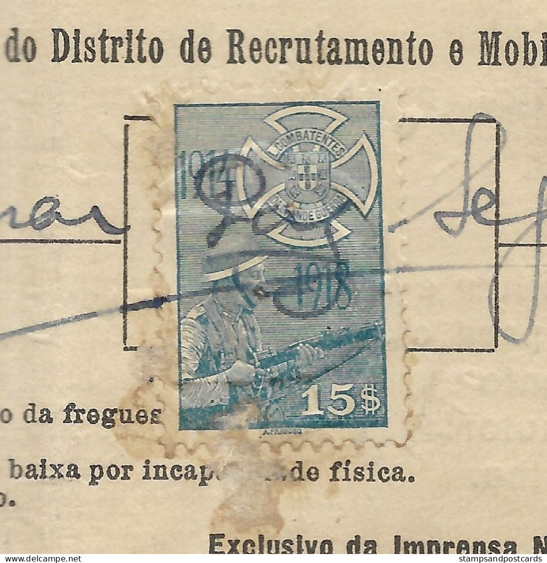 Portugal Timbre Fiscal Liga Dos Combatentes 15$ 1942 Revenue Stamp Militar Exemption - Briefe U. Dokumente