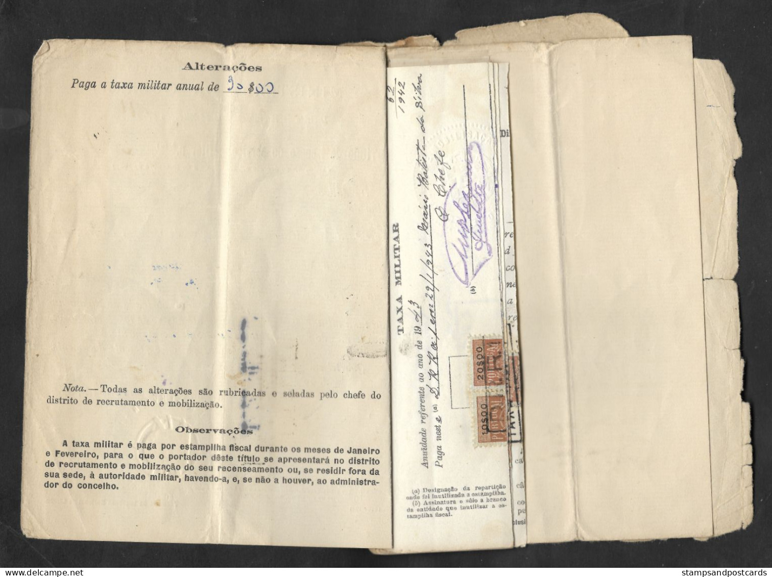 Portugal Timbre Fiscal Liga Dos Combatentes 15$ 1942 Revenue Stamp Militar Exemption - Brieven En Documenten