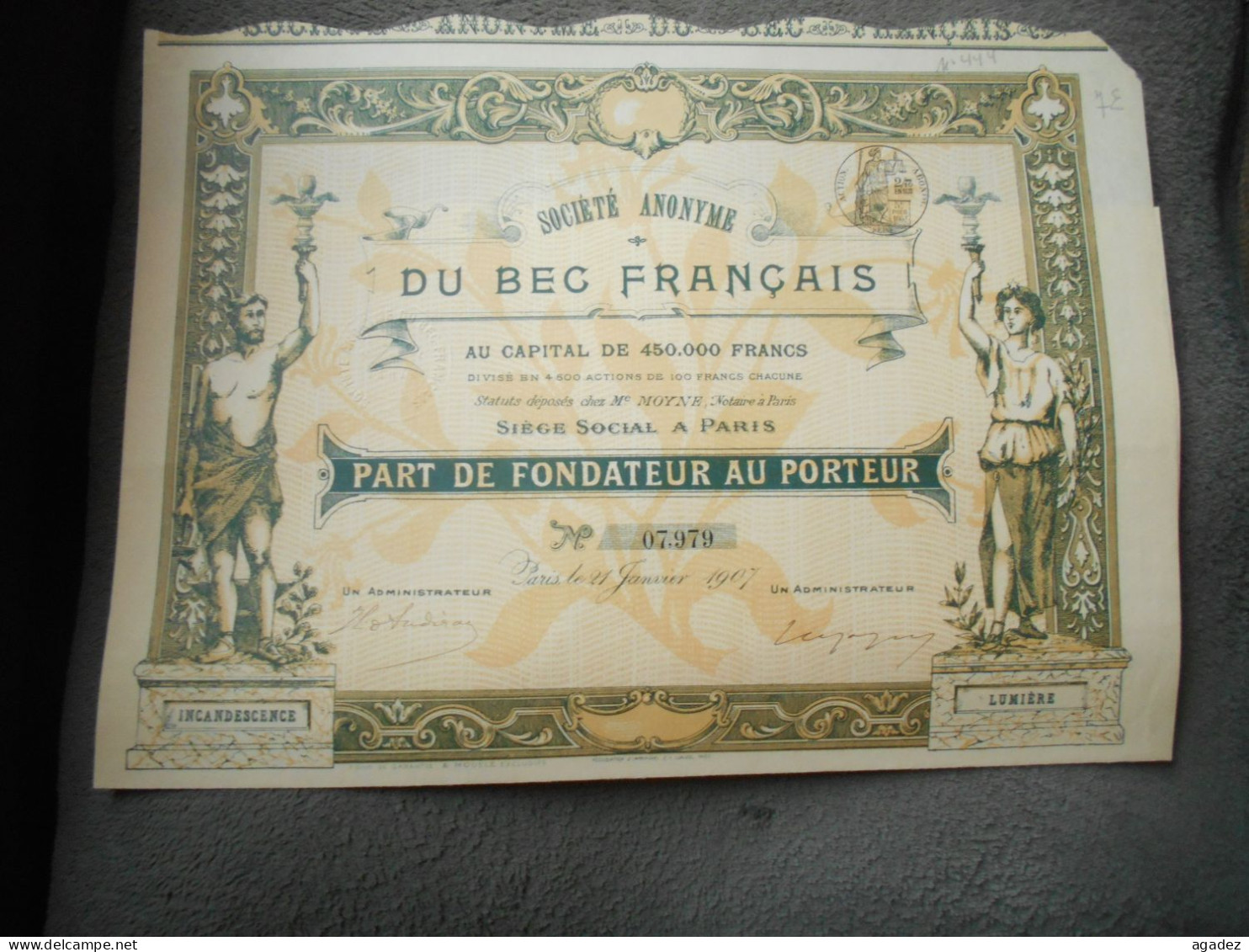 Part Fondateur Société Anonyme Du Bec Français Paris 1907 Eclairage - Electricity & Gas