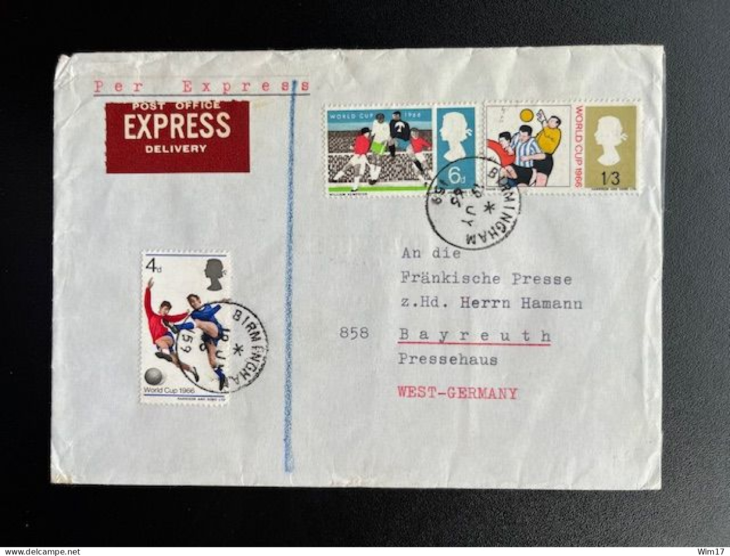 GREAT BRITAIN 1966 EXPRESS LETTER BIRMINGHAM TO BAYREUTH GERMANY 19-07-1966 GROOT BRITTANNIE EXPRES WORLD CUP FOOTBALL - Briefe U. Dokumente