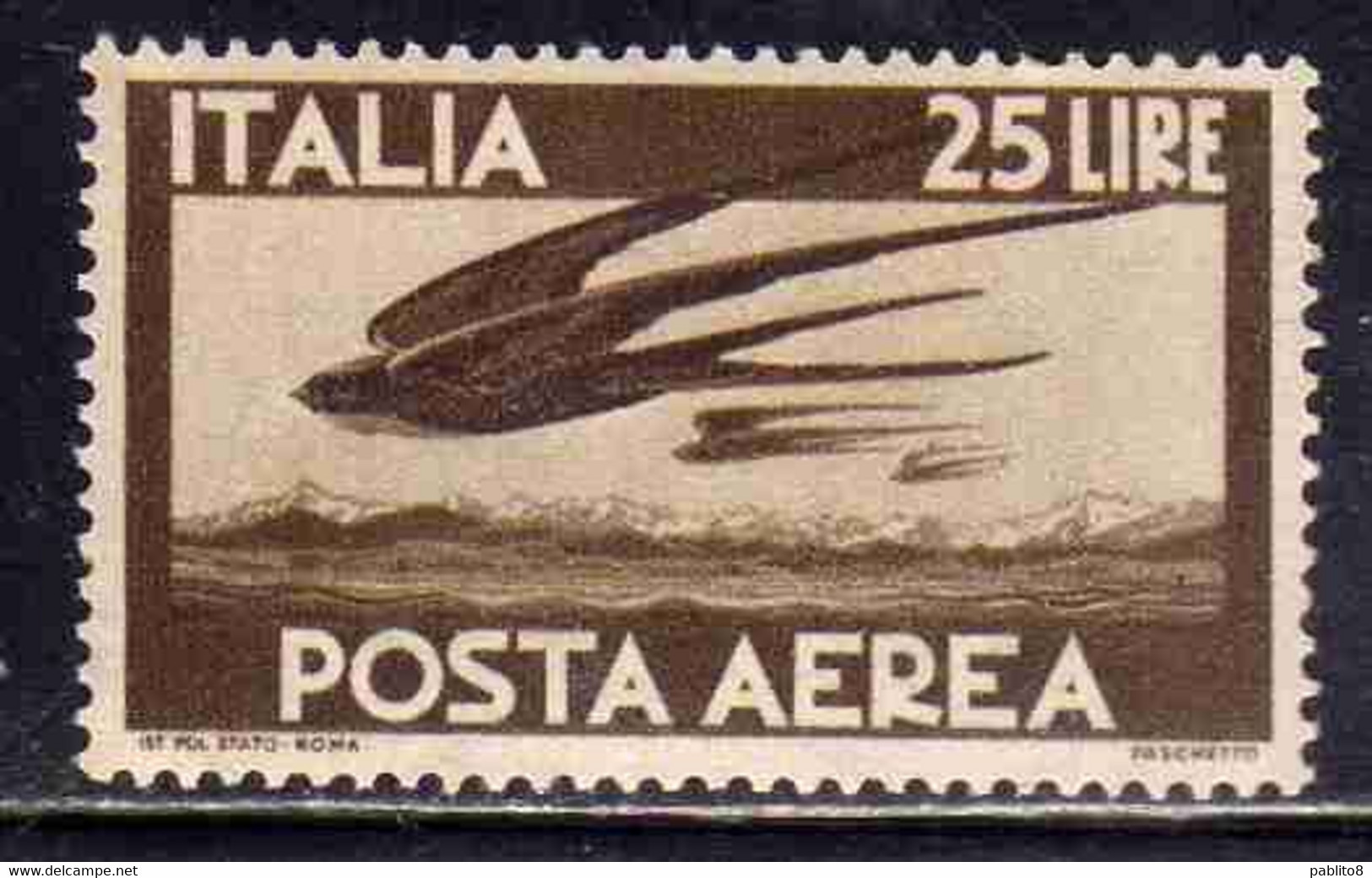 ITALY REPUBLIC ITALIA REPUBBLICA 1947 1955 DEMOCRATICA POSTA AEREA AIR MAIL COLORE CAMBIATO LIRE 25 BRUNO MNH - Poste Aérienne
