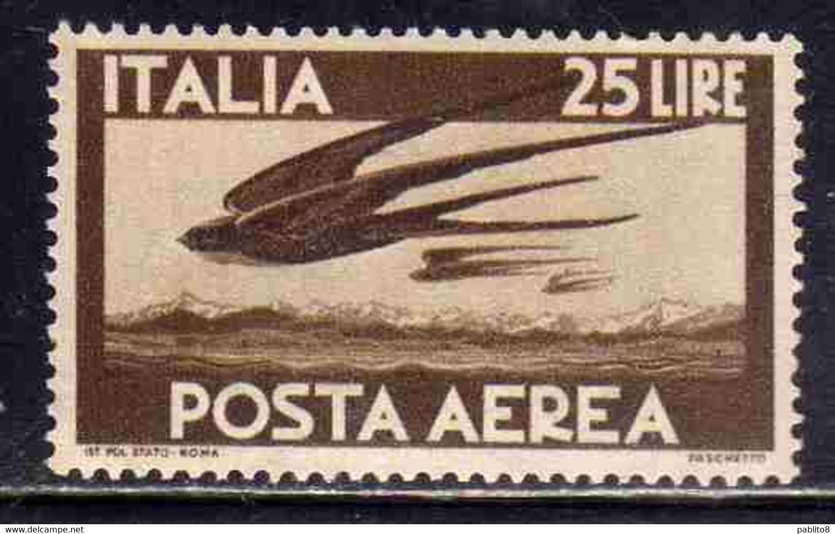 ITALY REPUBLIC ITALIA REPUBBLICA 1947 1955 DEMOCRATICA POSTA AEREA AIR MAIL COLORE CAMBIATO LIRE 25 BRUNO MNH - Posta Aerea