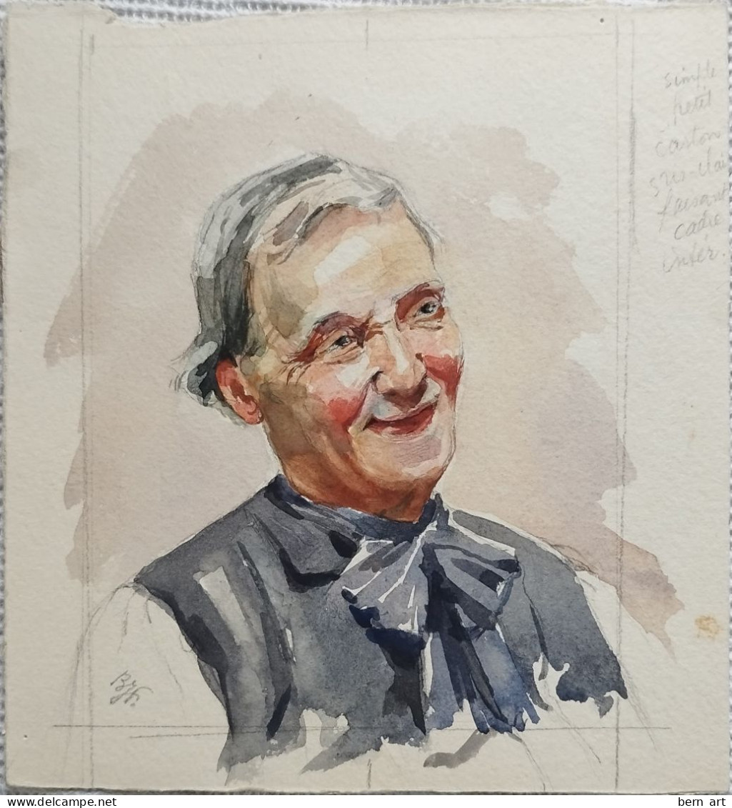 Aquarelle Esquisse "Homme Au Visage Souriant" Signée B.F.  Attribué Font Atelier B. Flournoy 1900 Genève - Aquarel