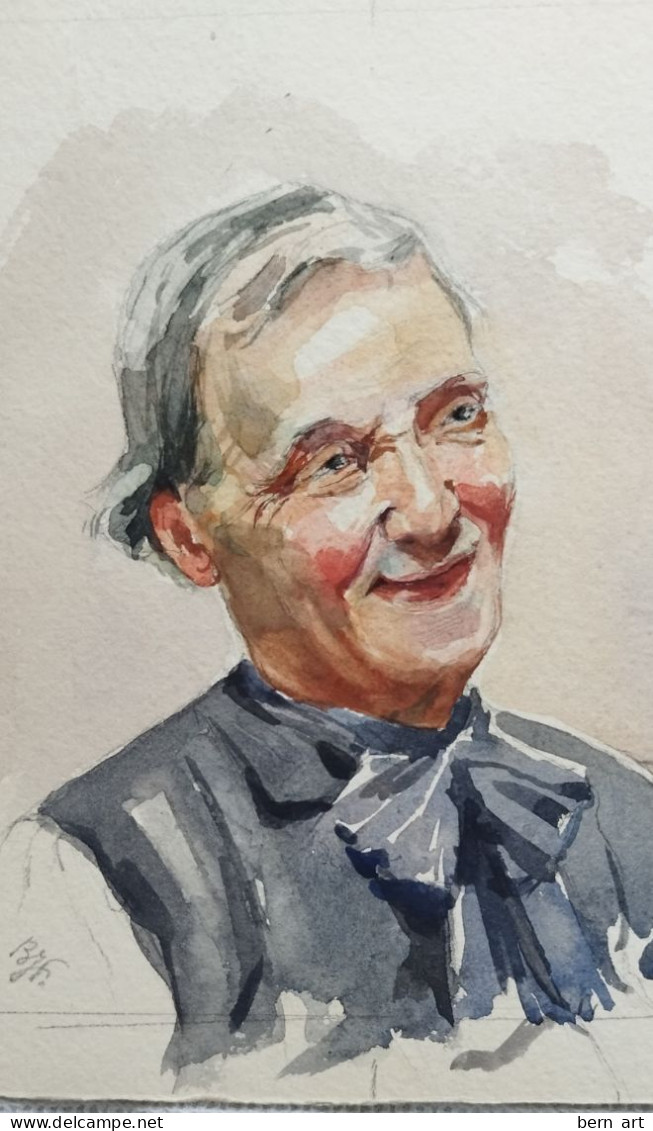 Aquarelle Esquisse "Homme Au Visage Souriant" Signée B.F.  Attribué Font Atelier B. Flournoy 1900 Genève - Acuarelas