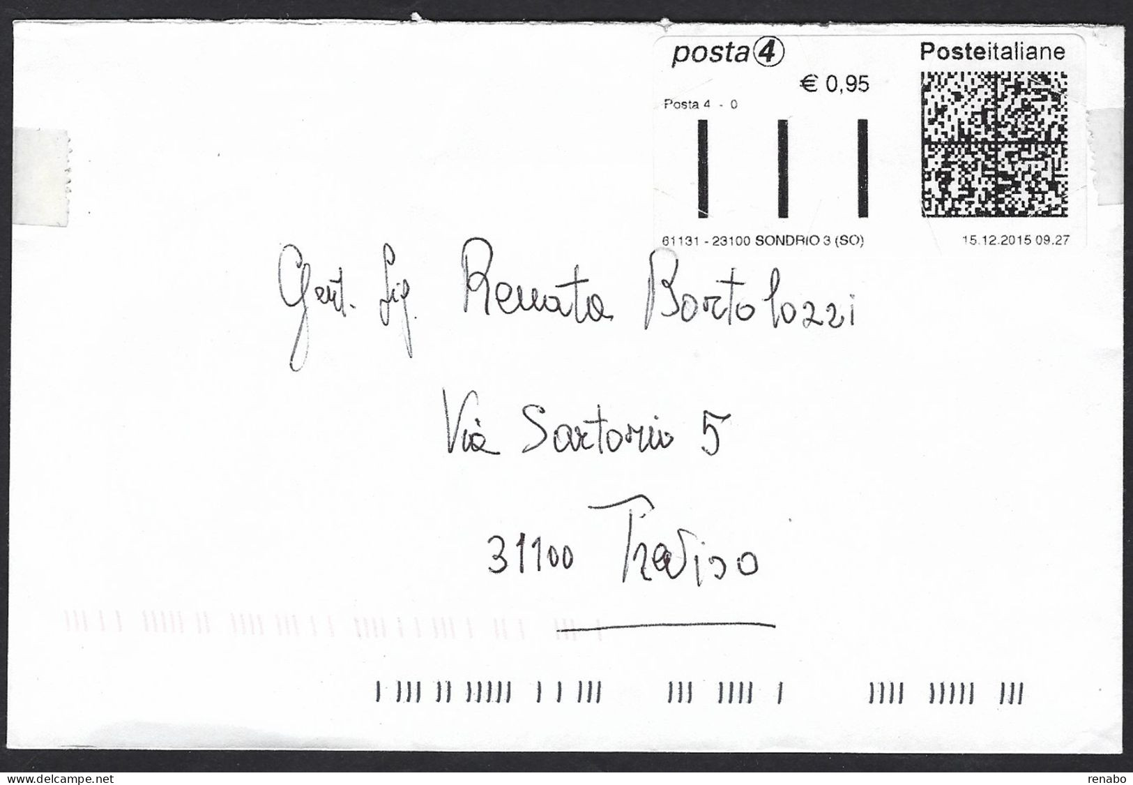 Italia 2015; Posta4 Affrancata Da Tp-label, Annullata Al Retro; Viaggiata Da Milano A Treviso. - 2011-20: Storia Postale