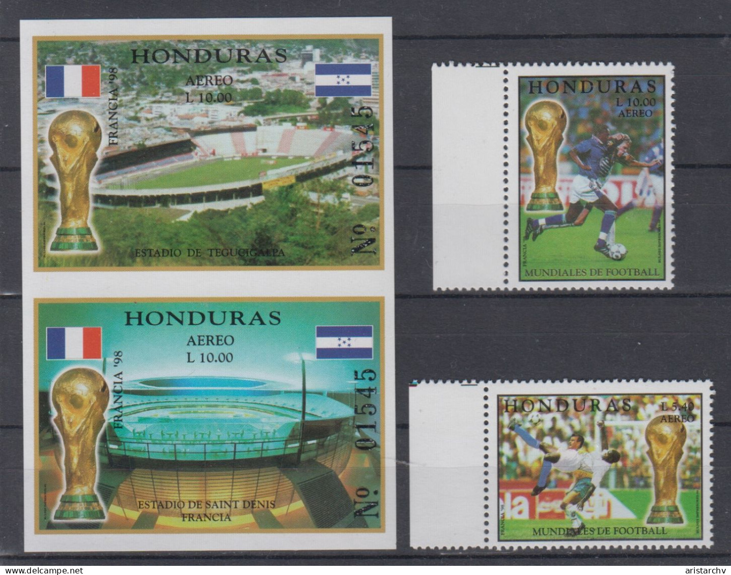 HONDURAS 1998 FOOTBALL WORLD CUP IMPERFORATED S/SHEET AND 2 STAMPS - 1998 – Frankrijk