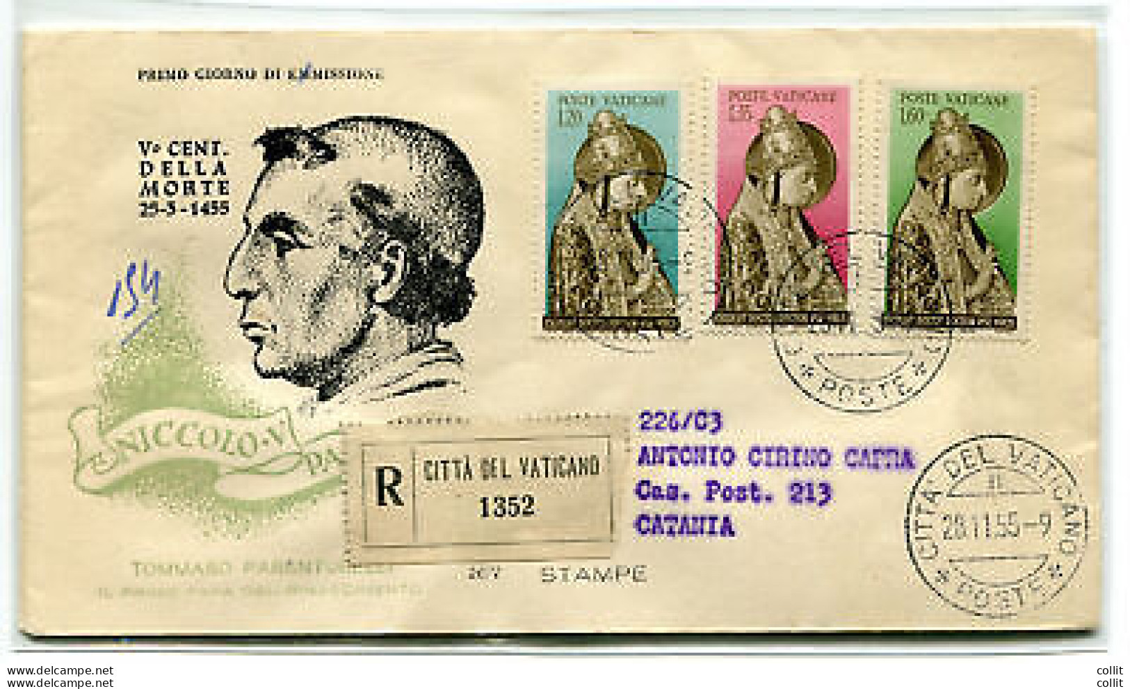 Vaticano FDC Venetia 1955 Papa Niccolò V  Viaggiata Racc. Per L'Italia - FDC