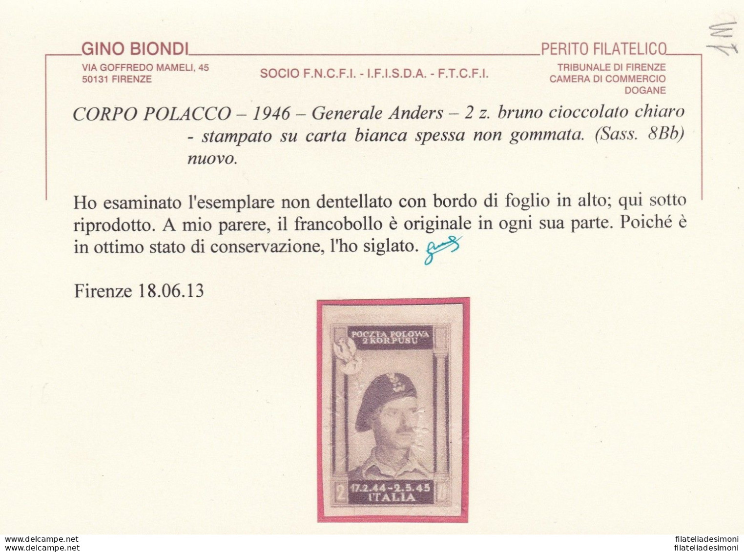 1946 CORPO POLACCO, N° 8Bb 2z. Bruno Cioccolato Chiaro CARTA SPESSA (*) - 1946-47 Zeitraum Corpo Polacco